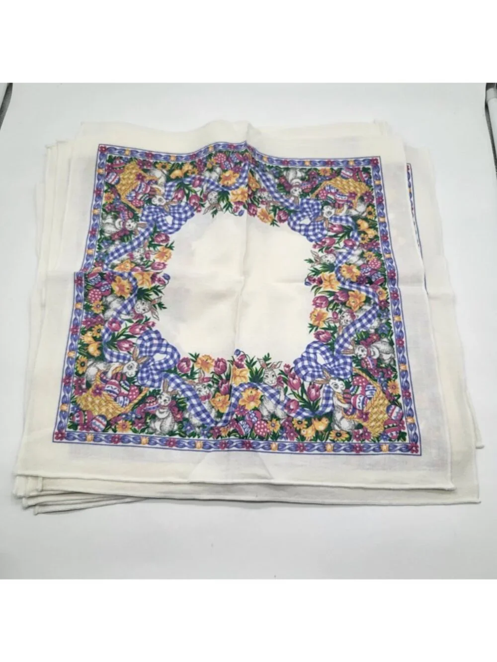 VTG 90s Easter Linens Napkins Set of 8 Picnic Country Spring Bunny Eggs Floral